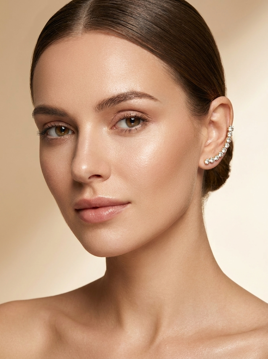 Femme portant la boucle d’oreille grimpante dorée Audacieuse ornée de cristaux