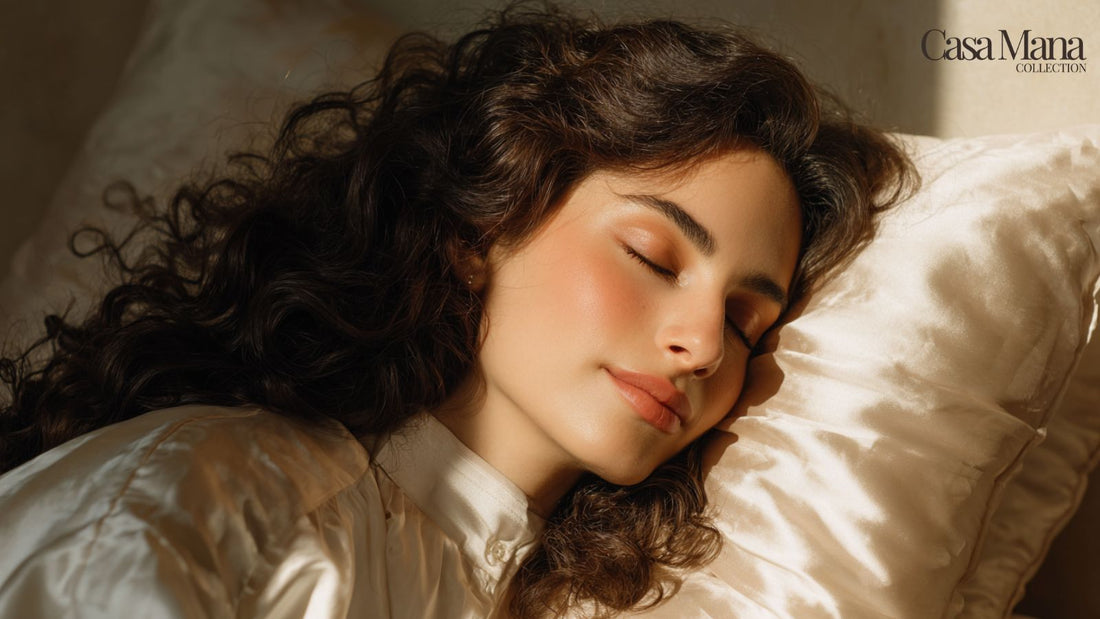 femme cheveux bouclés en train de dormir sur un oreiller en soie blanc