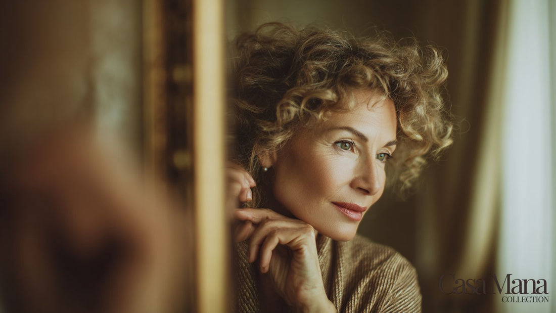 femme élégante se regardant dans le miroir avec les cheveux fins et bouclés