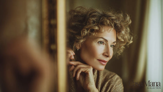 femme élégante se regardant dans le miroir avec les cheveux fins et bouclés