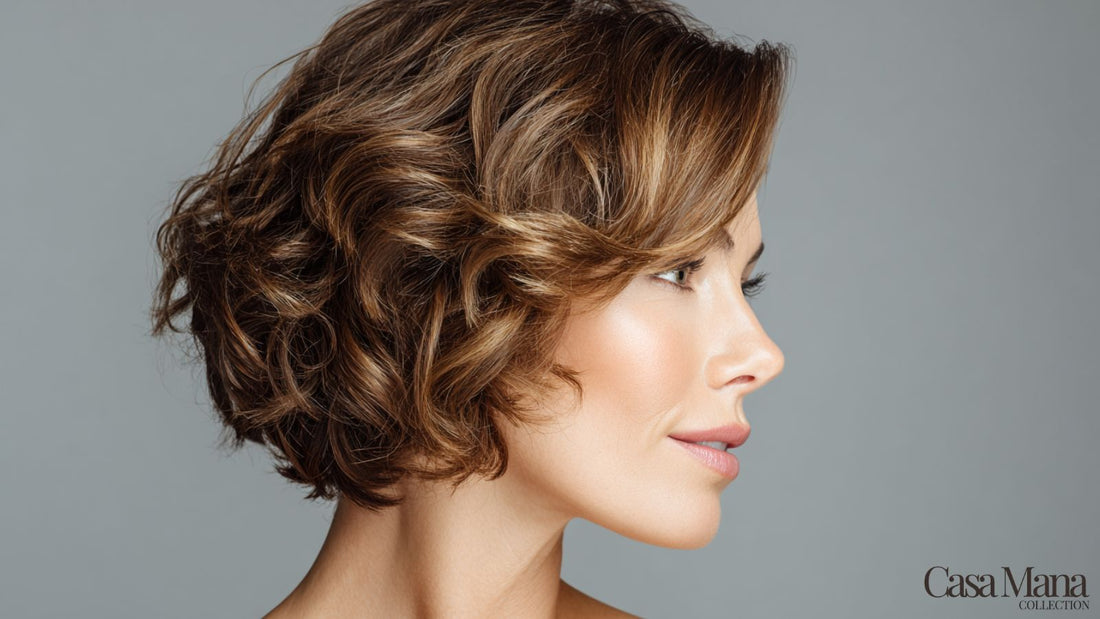femme élégant regardant vers la droite, regard lointain, cheveux courts et bouclés naturels