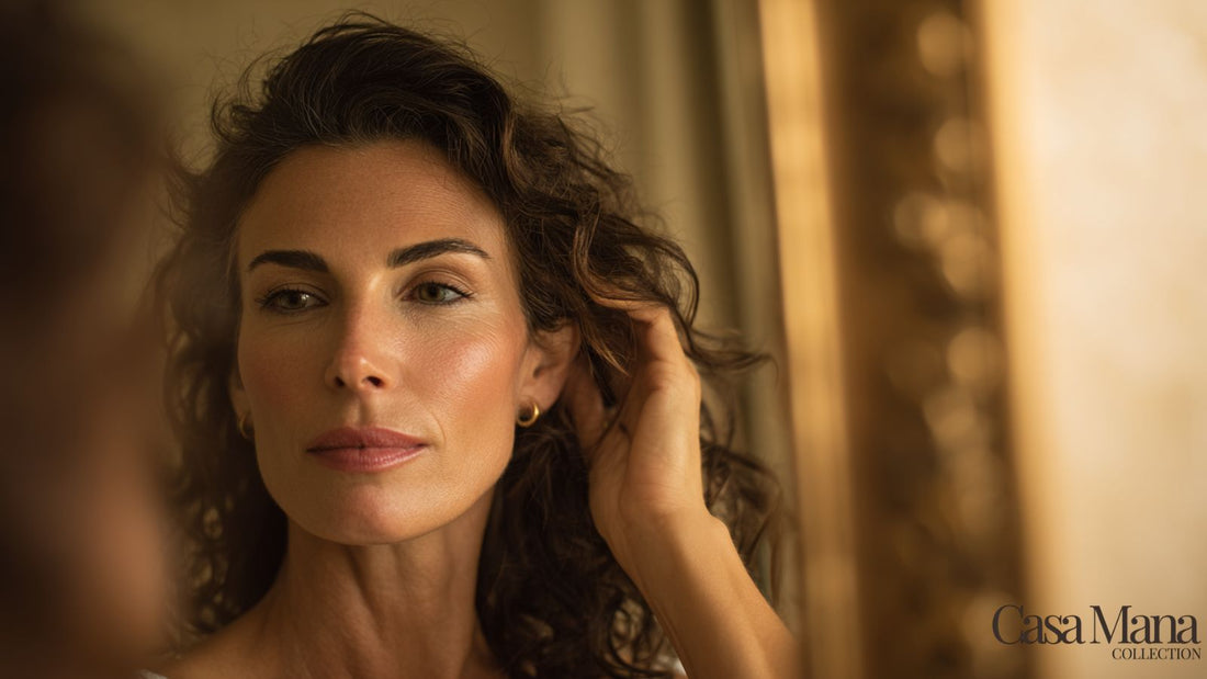 femme brune élégante regarde ses cheveux bouclés dans le miroir