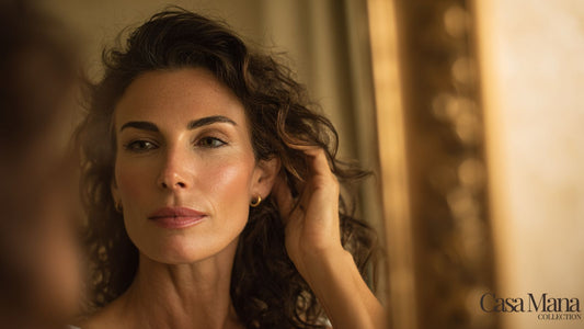 femme brune élégante regarde ses cheveux bouclés dans le miroir