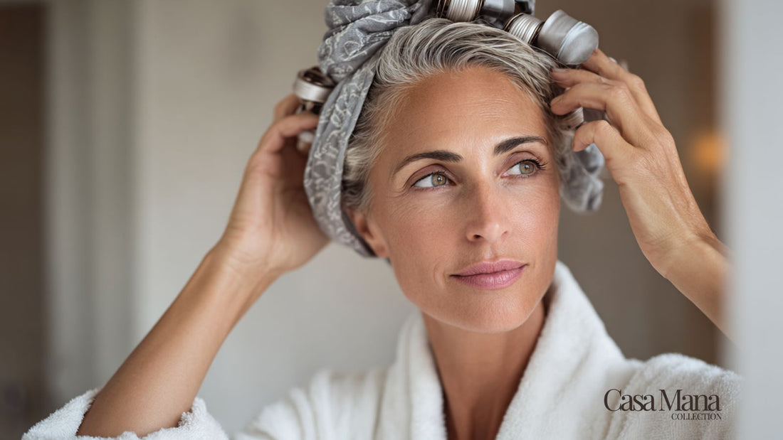 femmes cheveux gris avec des rouleaux pour boucler ses cheveux 